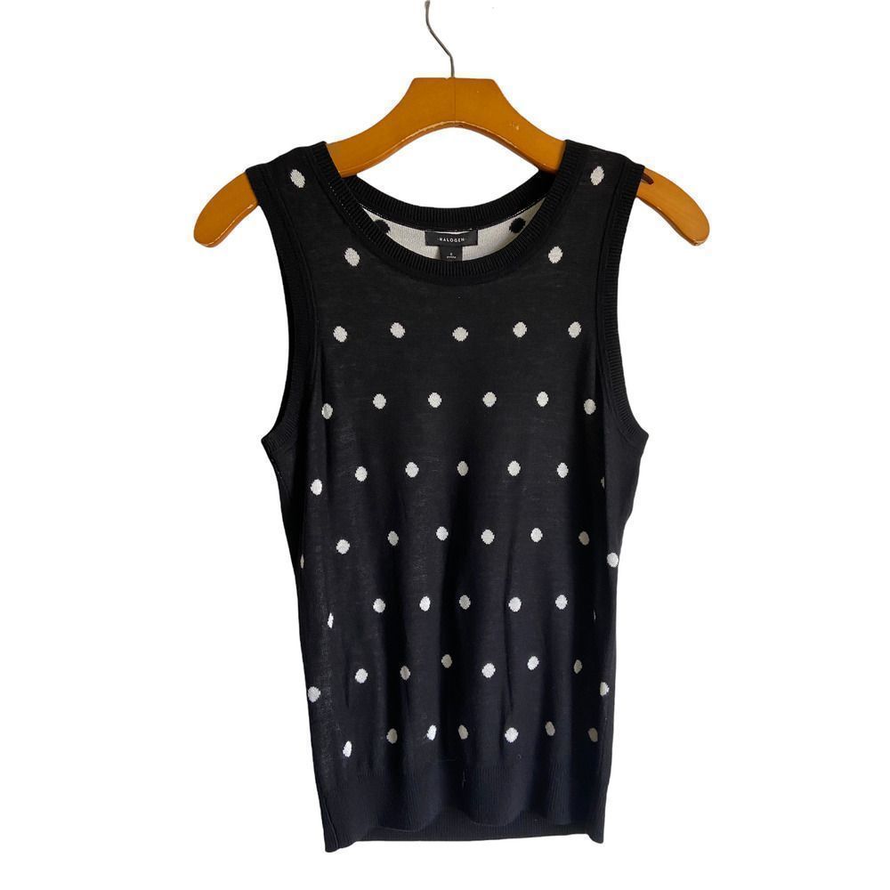 NWT Halogen‎ Black Ivory Dot Crew Neck Knit Tank Top Small Petite